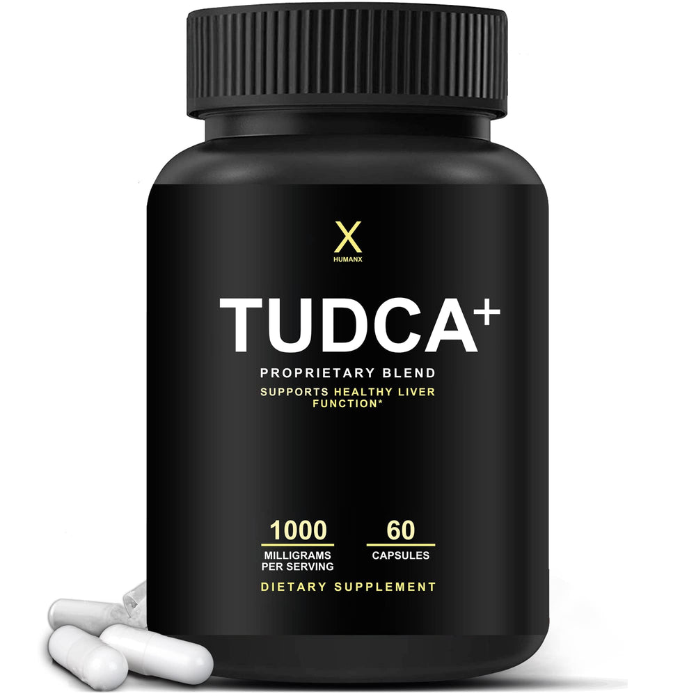 HumanX Tudca+ bottle front view showing vegan liver support supplement.