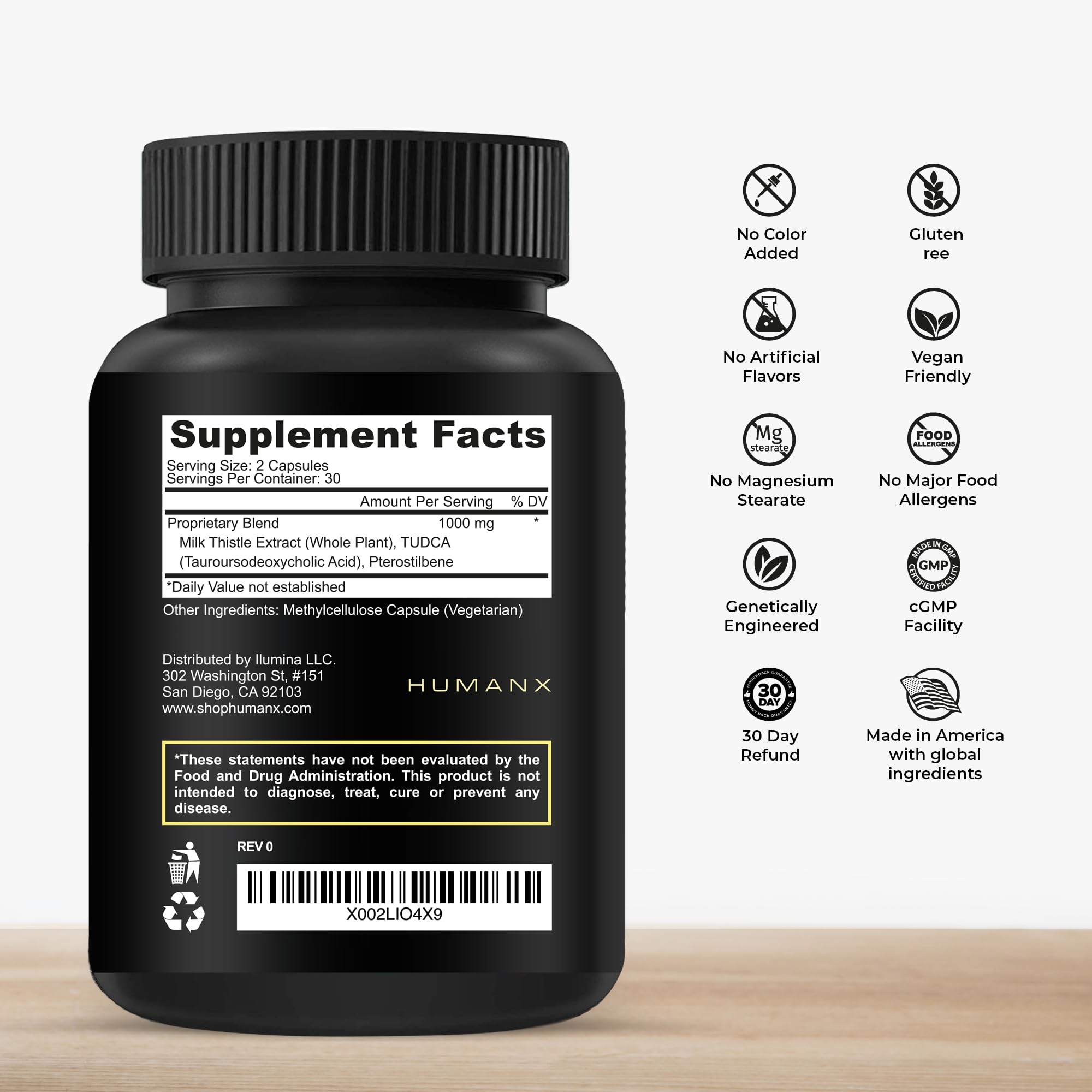 HumanX Tudca+ capsules close-up highlighting easy-to-swallow design.