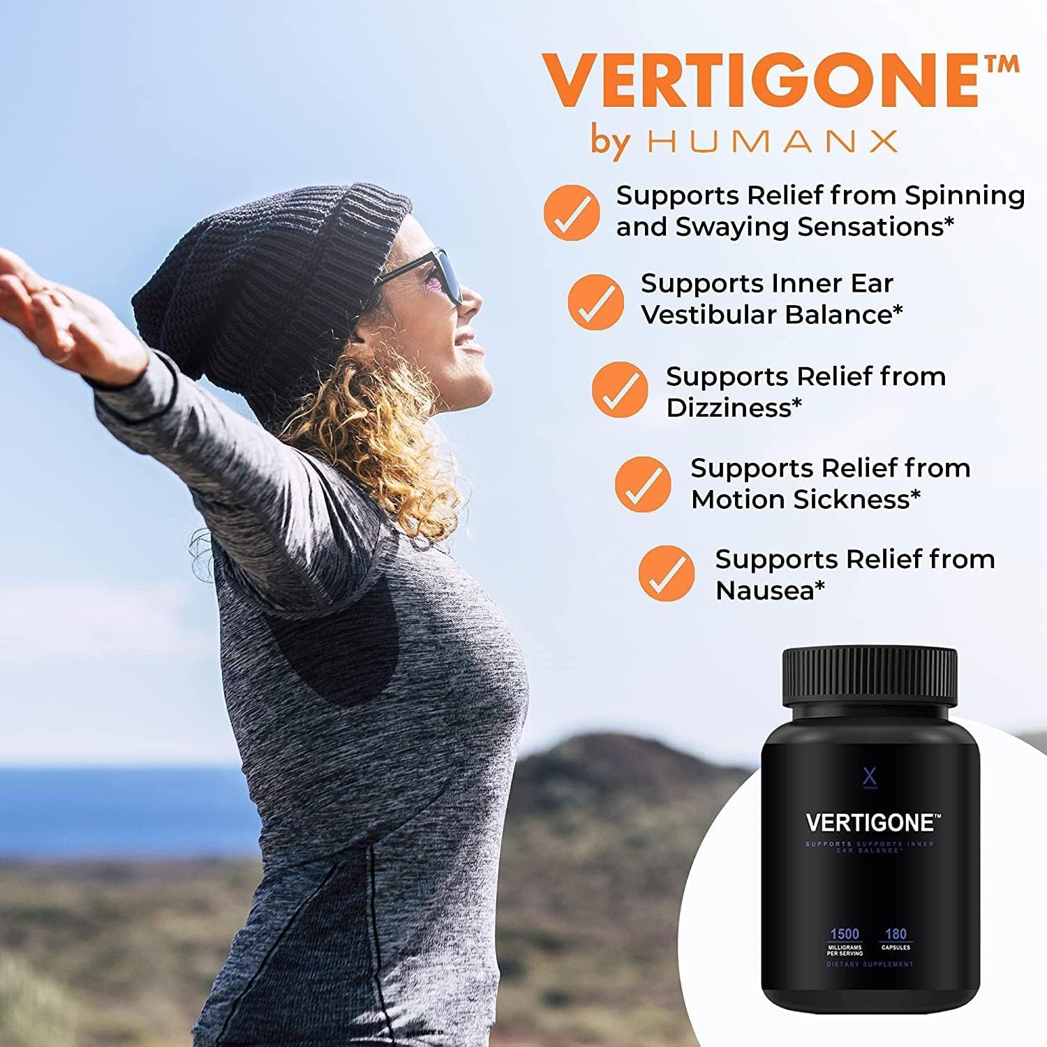 HUMANX VertiGone ancient-plant blend is highlighted as a time-tested balance aid.