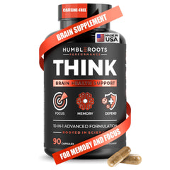 Humbleroots Performance brain supplement bottle pour illustrates caffeine-free focus support
