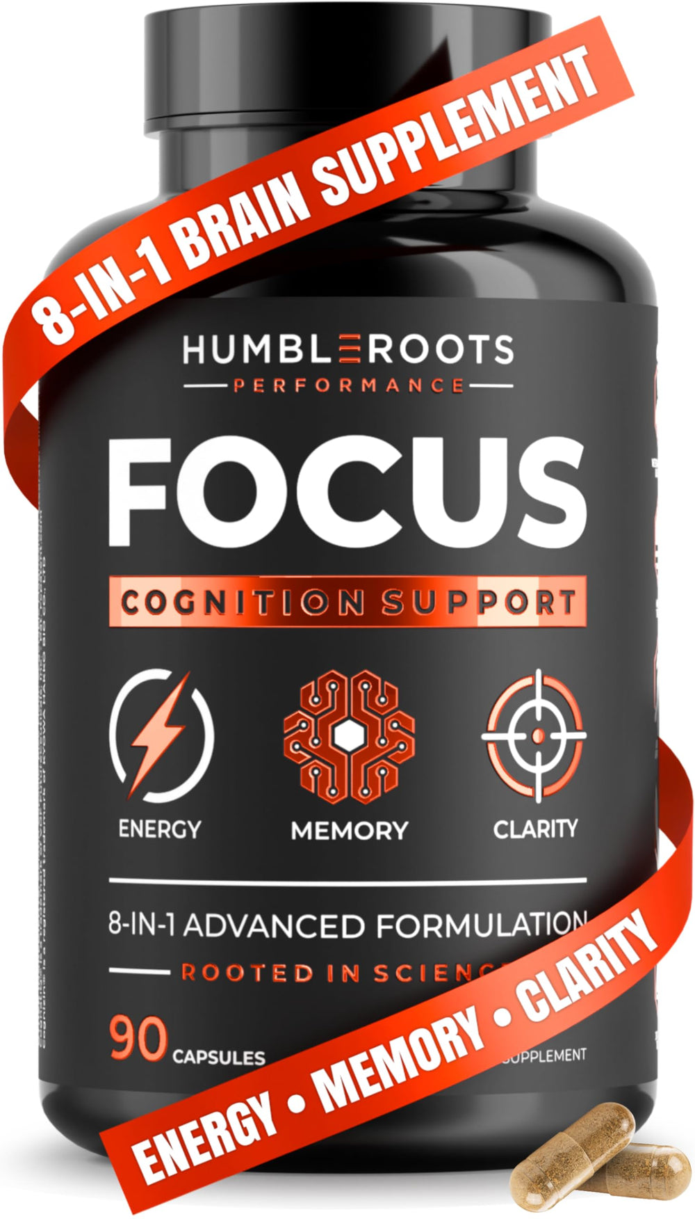 Humbleroots Performance Focus bottle front view highlights a clean energy capsule blend for mental clarity.