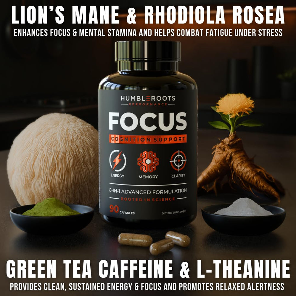 Humbleroots Performance Focus capsules closeup showing Lion's Mane and caffeine pairing for sustained alertness.