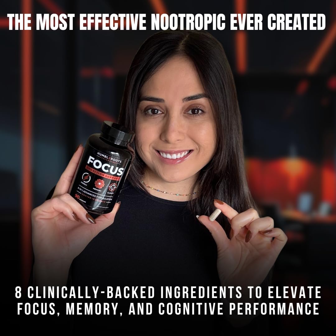 Humbleroots Performance Focus capsules on white background suggest daily use for study and work.