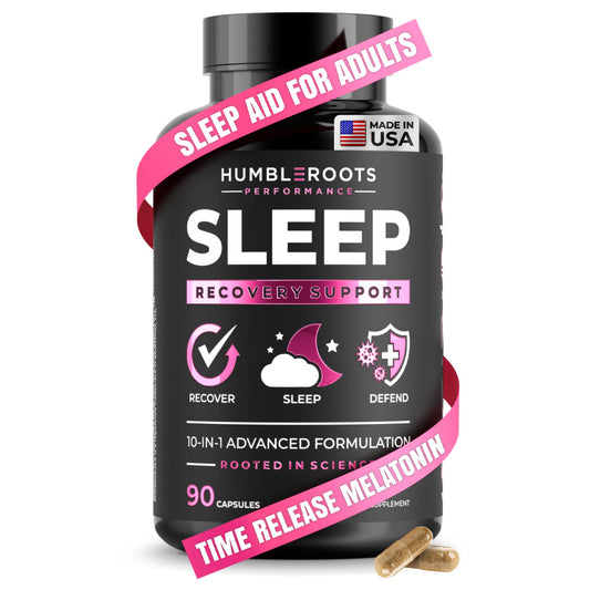 Humbleroots Performance SLEEP bottle front showing extended-release melatonin for lasting rest