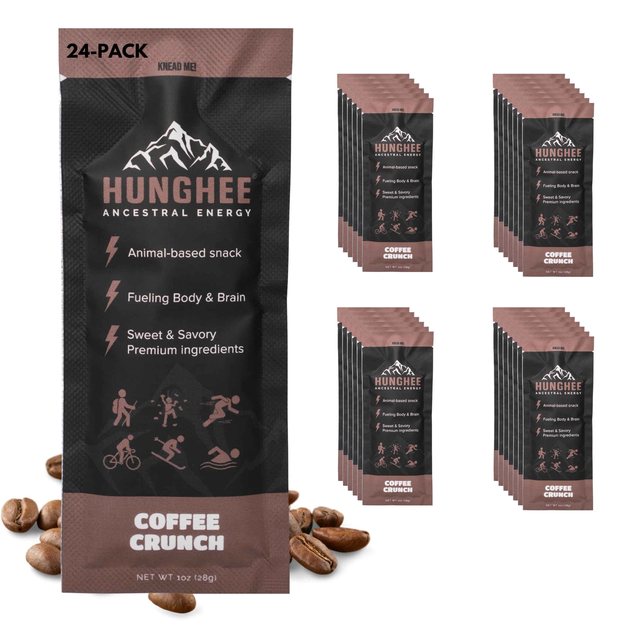 Hunghee Ancestral Energy Coffee Crunch Pack hero shot showing the compact single-serve format.