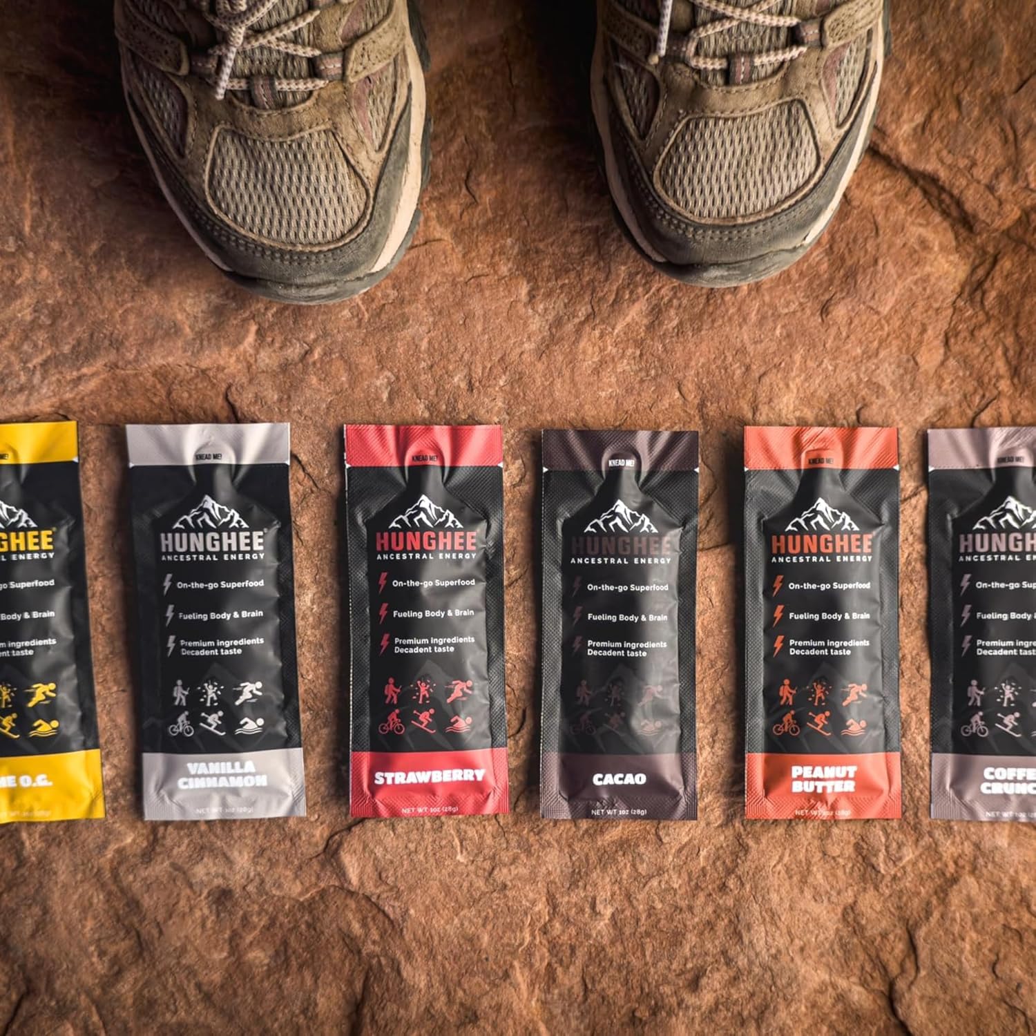 Hunghee athlete outdoor snack image portraying versatile fueling for hiking, cycling, and running.