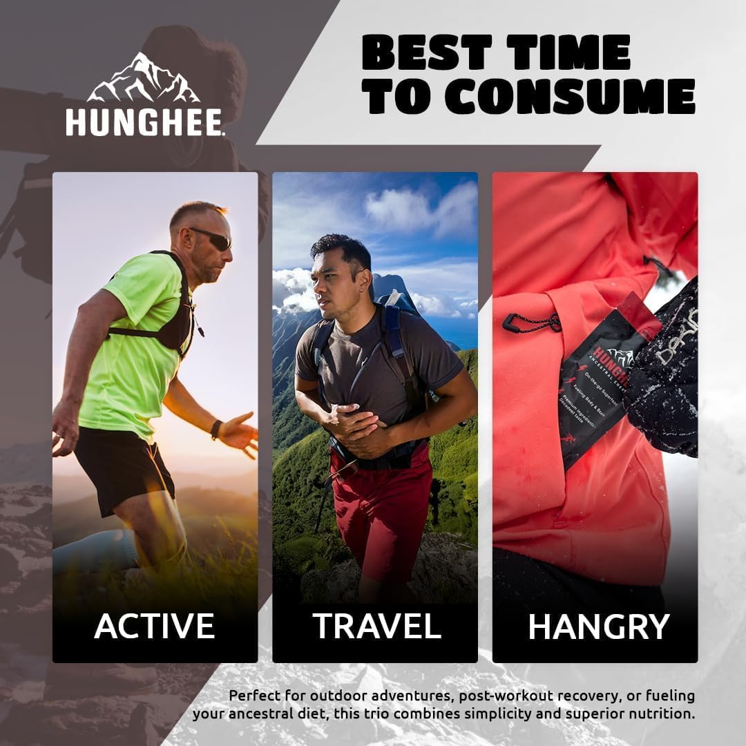 Hunghee one-ounce portable packs showing convenient, bite-sized snacks for runners and hikers.