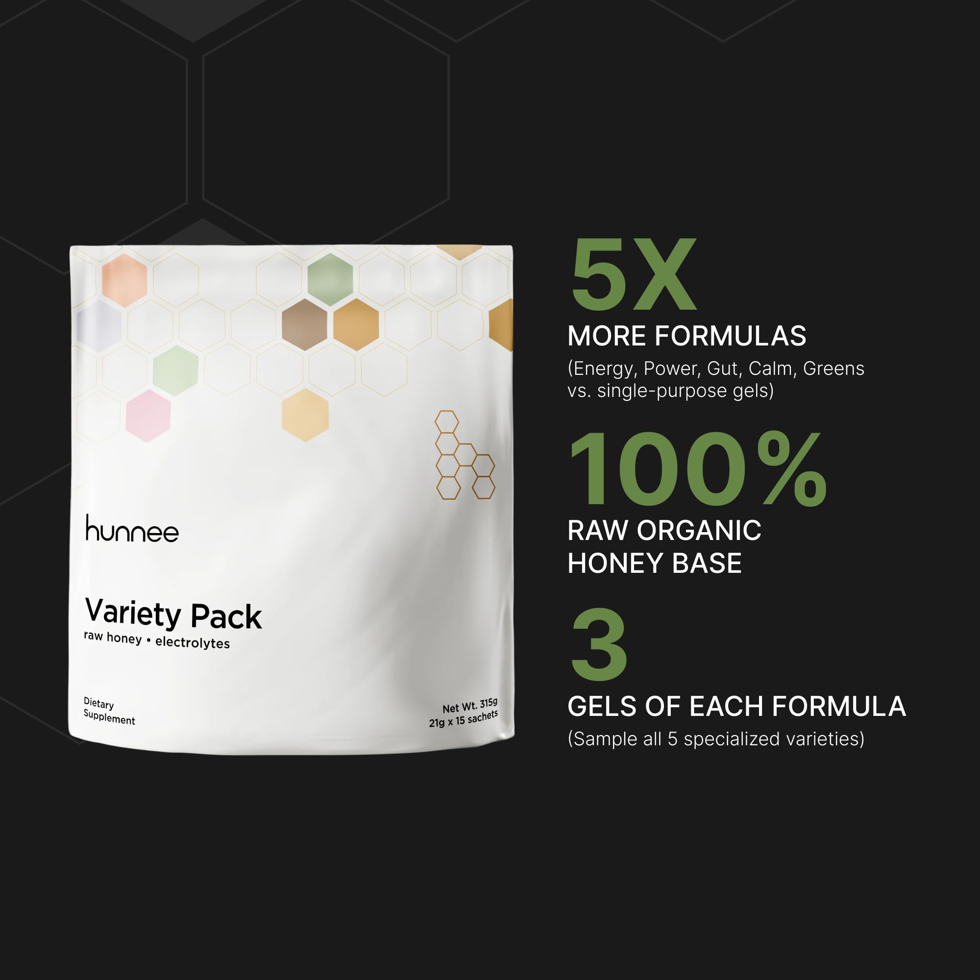 Hunnee energy gel with caffeine showcases quick energy before workouts.