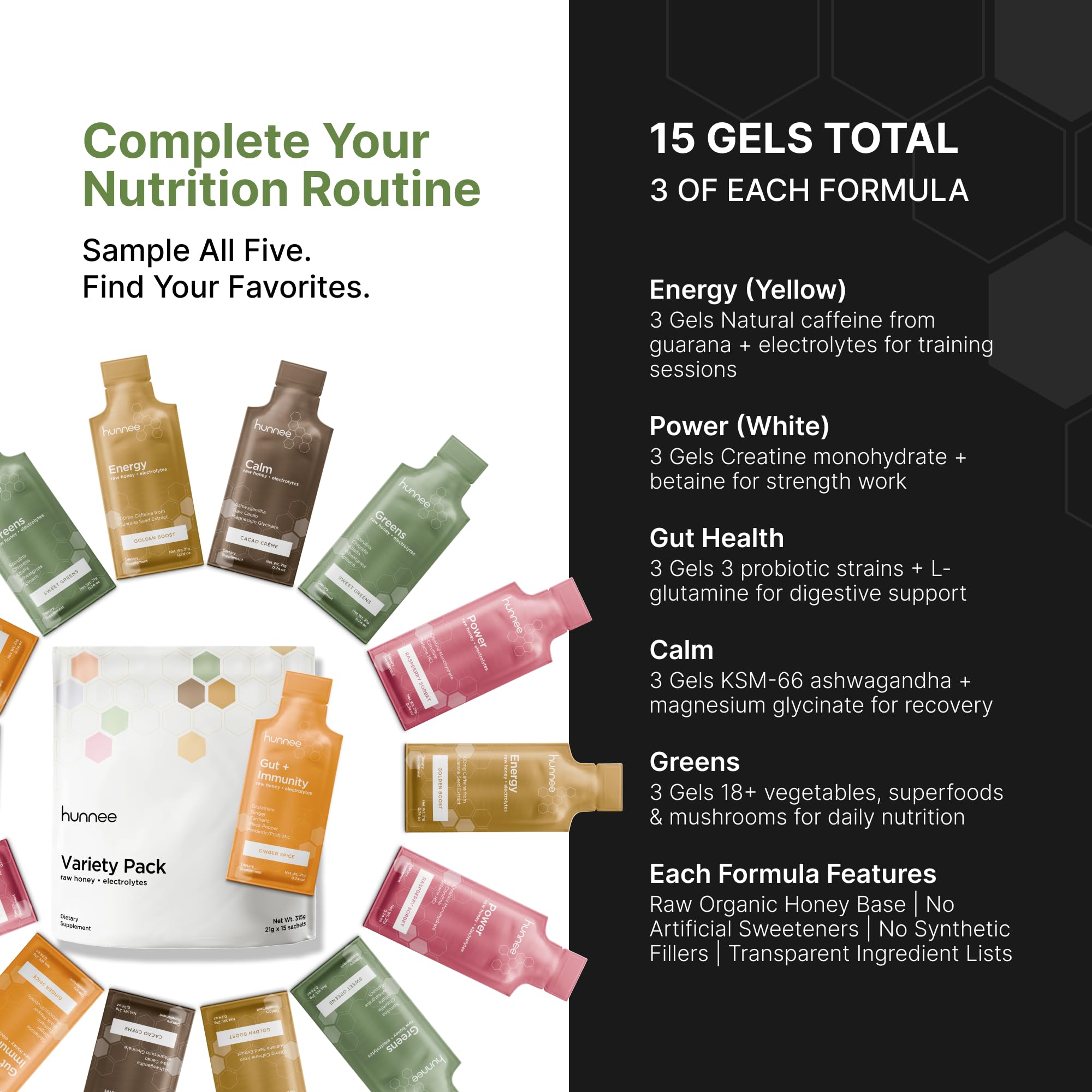 Hunnee Greens formula offers organic vegetables and adaptogens for daily nourishment.