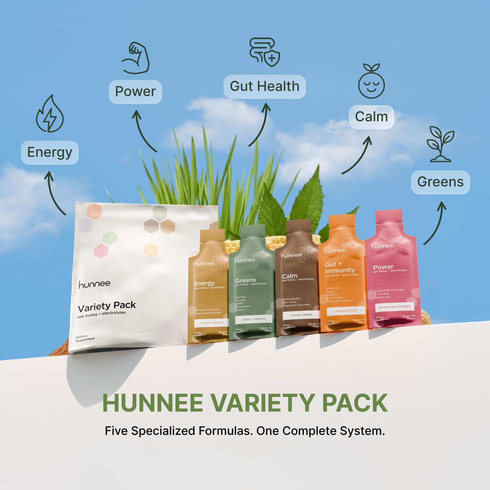 Hunnee H variety-pack sachets highlight five-in-one system for flexible training nutrition.
