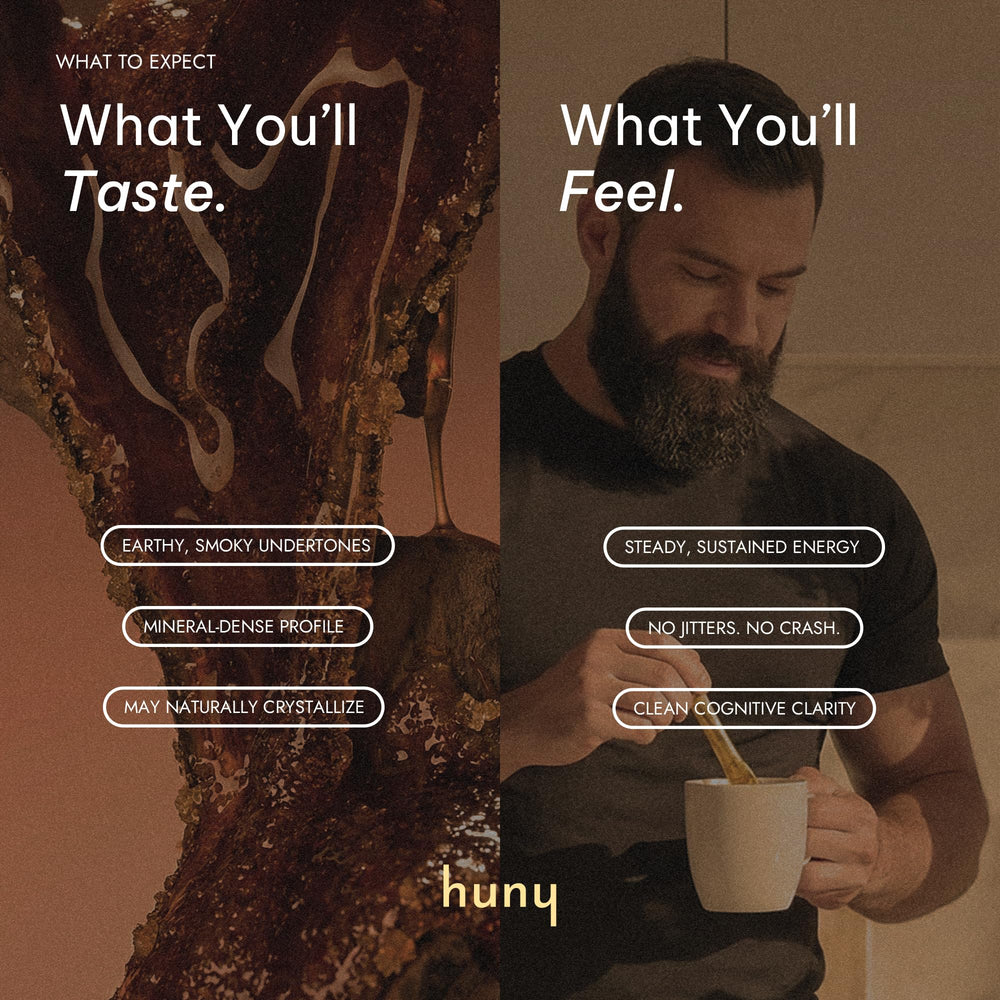 HUNY Bee Energized Shilajit Honey Stick served in a glass.