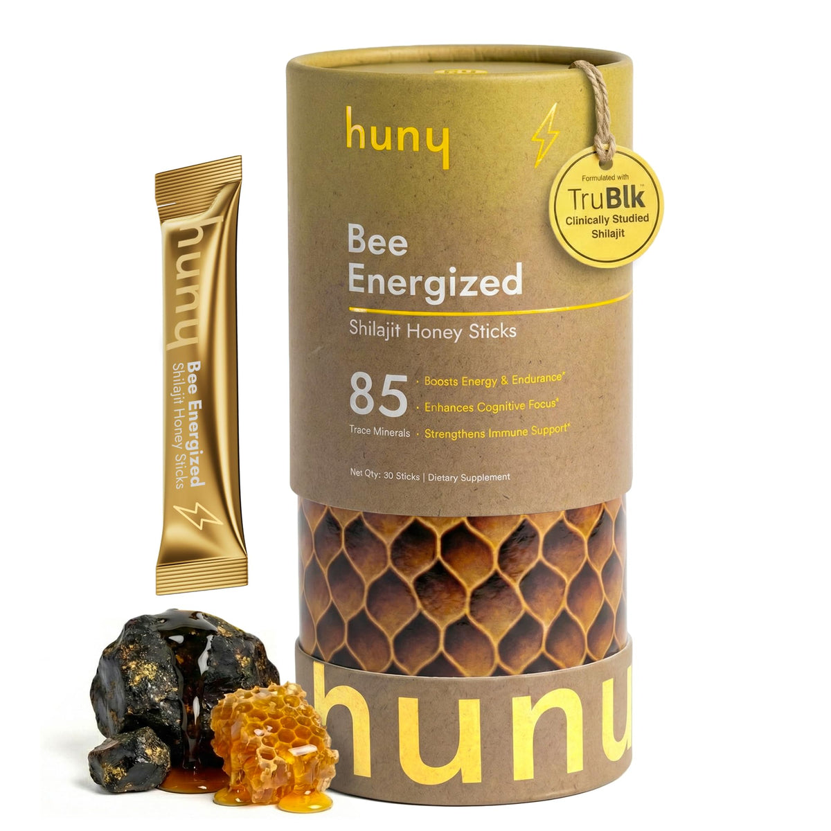 HUNY Bee Energized Shilajit Honey Stick packaging for on-the-go energy.