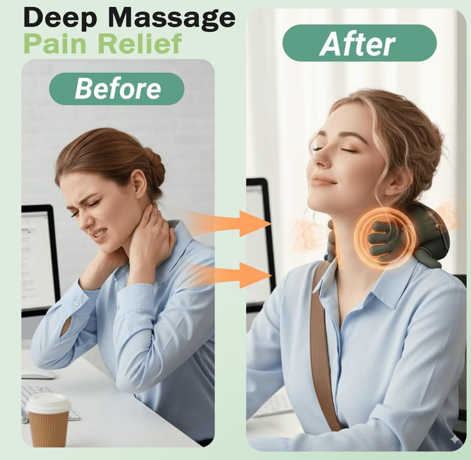 Huprh massager hands-free design enables use while working or relaxing.