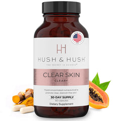 Hush & Hush Acne Supplements bottle featuring vegan formula for clear skin.