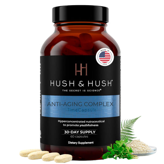 Hush & Hush anti-aging multivitamin bottle on desk highlights daily skin hydration potential.