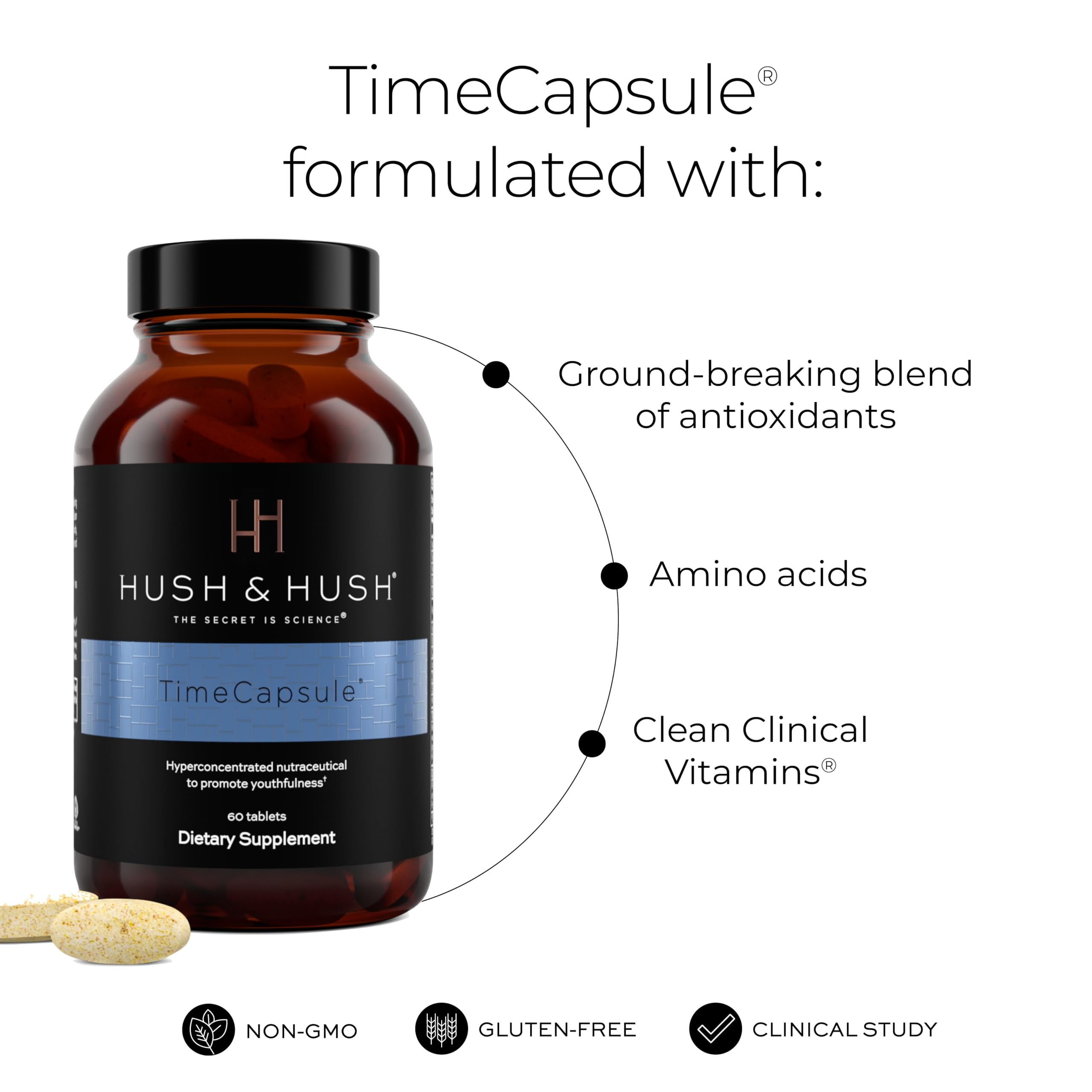 Hush & Hush label close-up highlights marine collagen and hyaluronic acid benefits for skin.