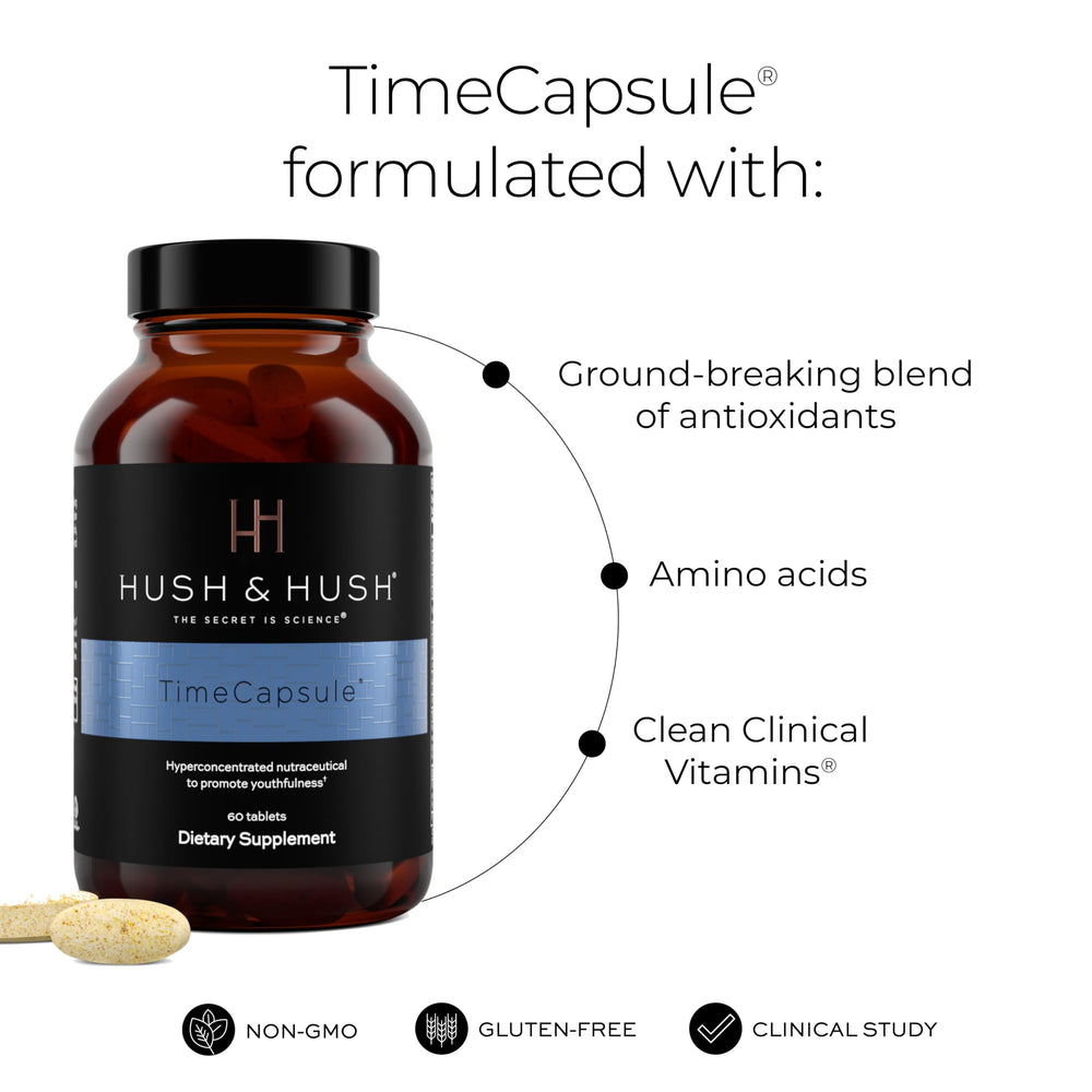 Hush & Hush label close-up highlights marine collagen and hyaluronic acid benefits for skin.
