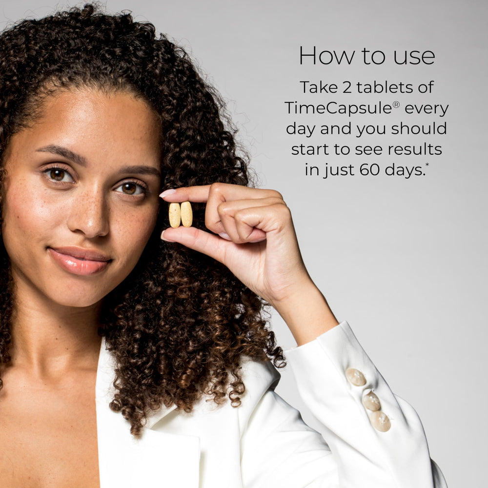 Hush & Hush bottle with sunlight backdrop hints anti-aging nourishment from within.