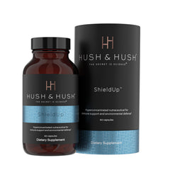Hush & Hush ShieldUp bottle front for daily immune support ritual.