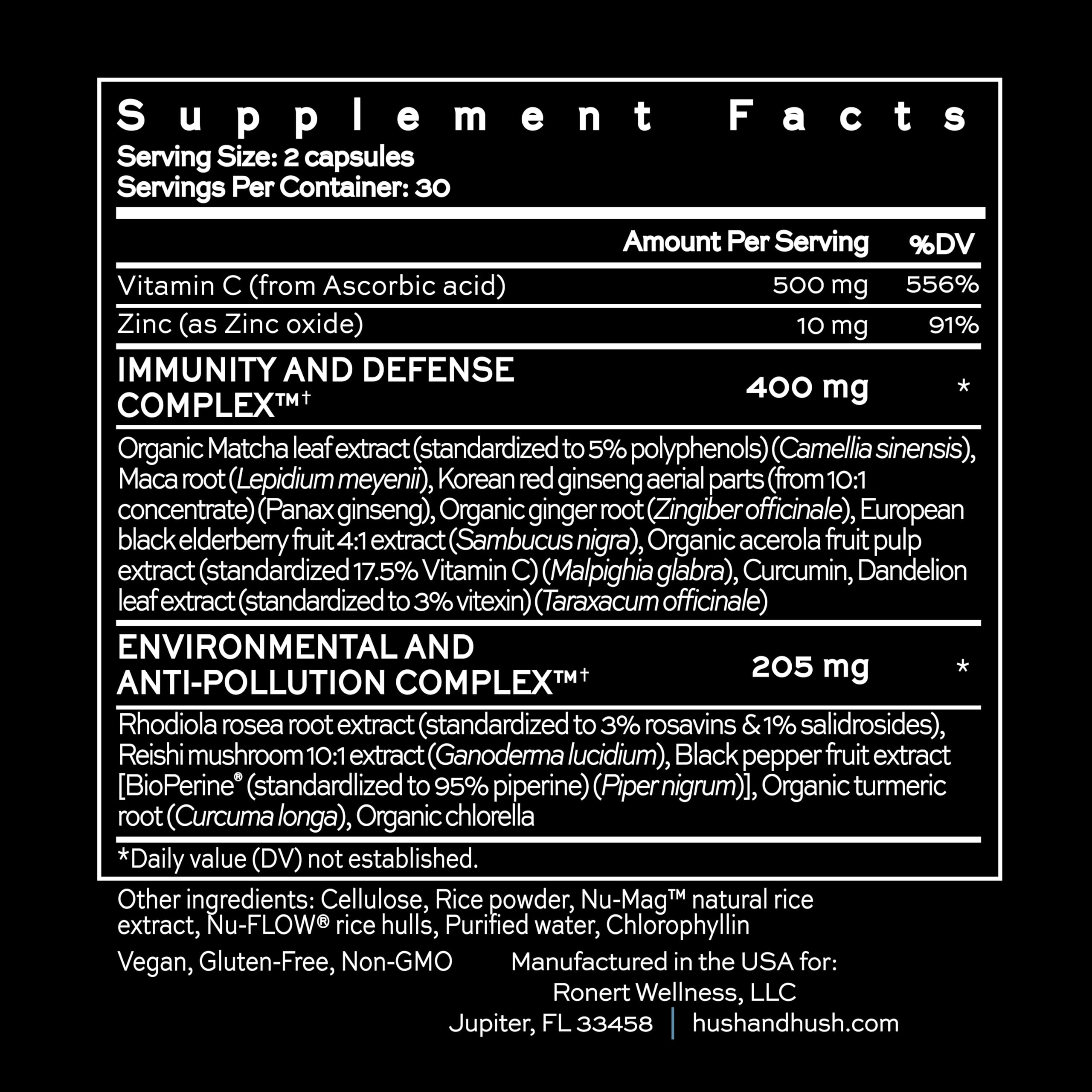 Hush & Hush ShieldUp vegan gluten-free label front for clean lifestyle.