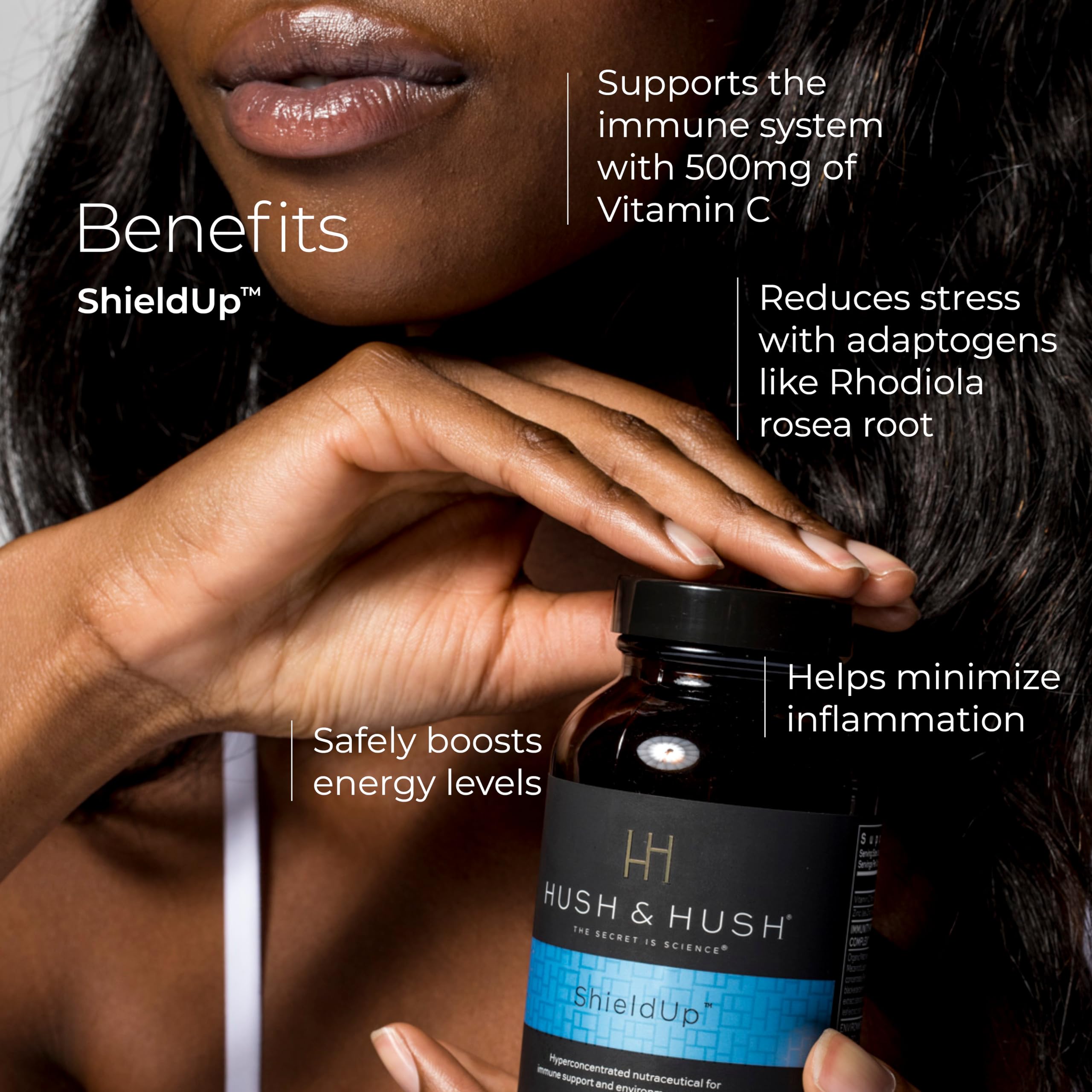 Hush & Hush ShieldUp vitamin C boost closeup emphasizing immune-support ingredients.