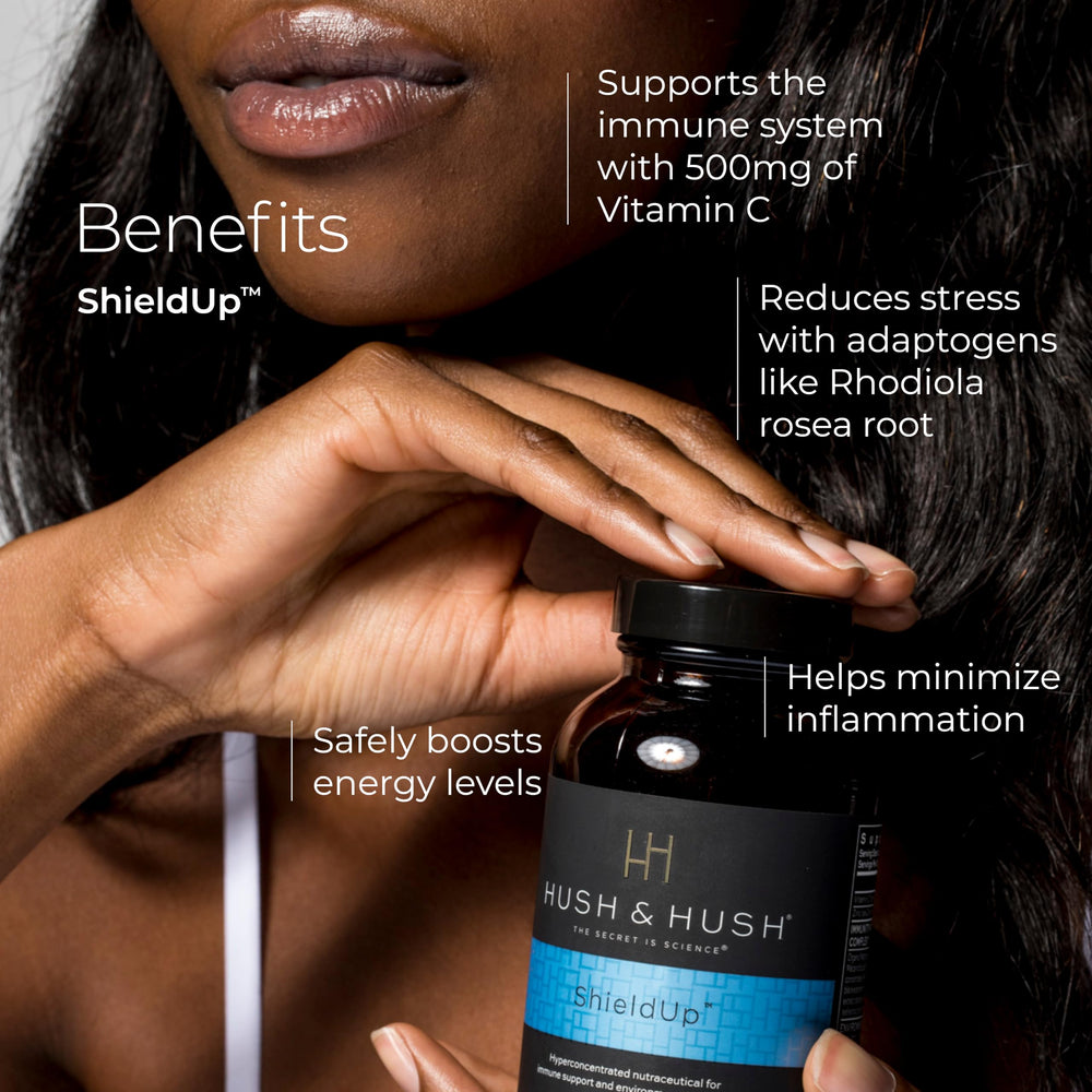 Hush & Hush ShieldUp vitamin C boost closeup emphasizing immune-support ingredients.
