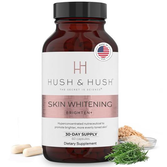 Hush & Hush Brighten+ bottle with capsules suggesting daily radiance support.