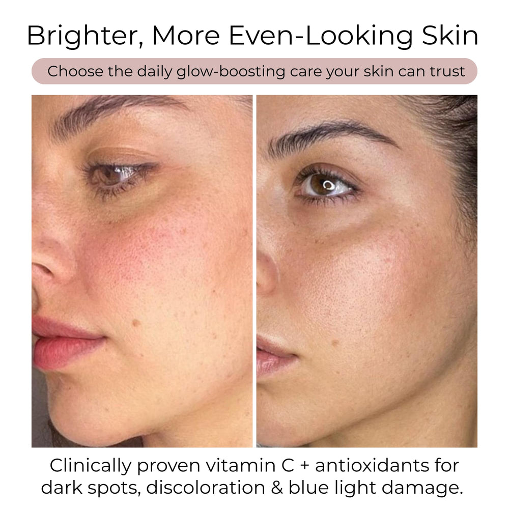 Close-up of Brighten+ capsules highlighting vegan, non-GMO formula for healthy-looking skin.