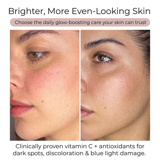 Close-up of Brighten+ capsules highlighting vegan, non-GMO formula for healthy-looking skin.