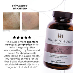 Packaging box for Hush & Hush Brighten+ emphasizing vegan, gluten-free formulation.