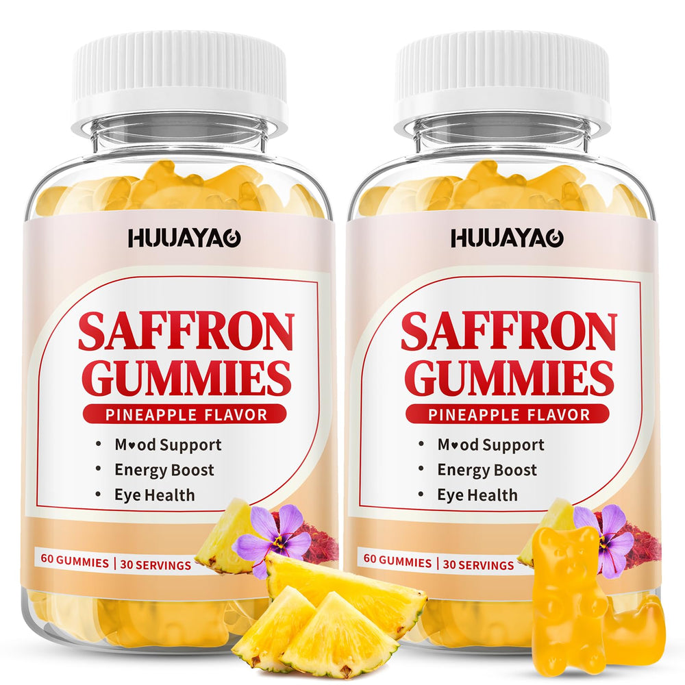 HUUAYAO 10-in-1 saffron gummies bottle for daily mood and focus support.