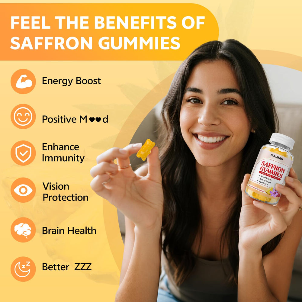 HUUAYAO 10-in-1 saffron gummies label close-up highlighting ingredients.