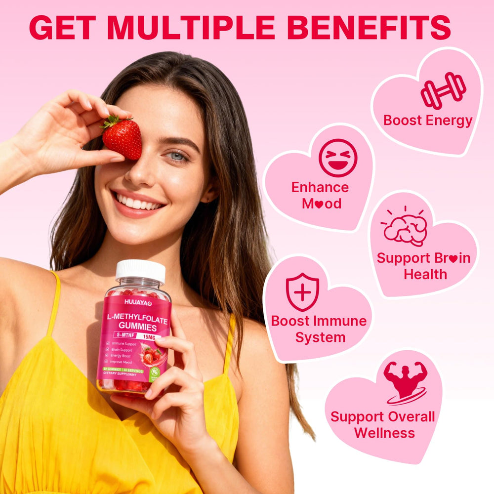HUUAYAO L-Methylfolate gummies label showing clean ingredients