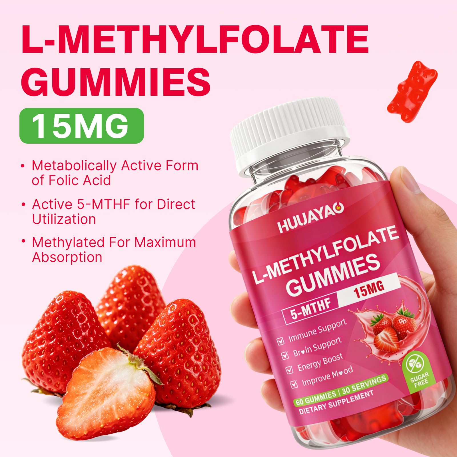 Strawberry flavored HUUAYAO gummies inviting a tasty daily routine