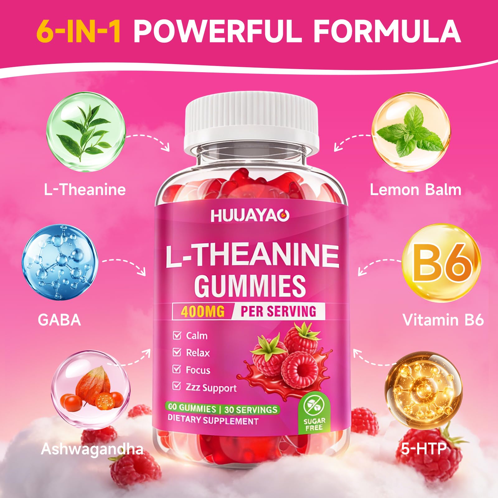 HUUAYAO L-Theanine Gummies label close-up highlighting raspberry flavor