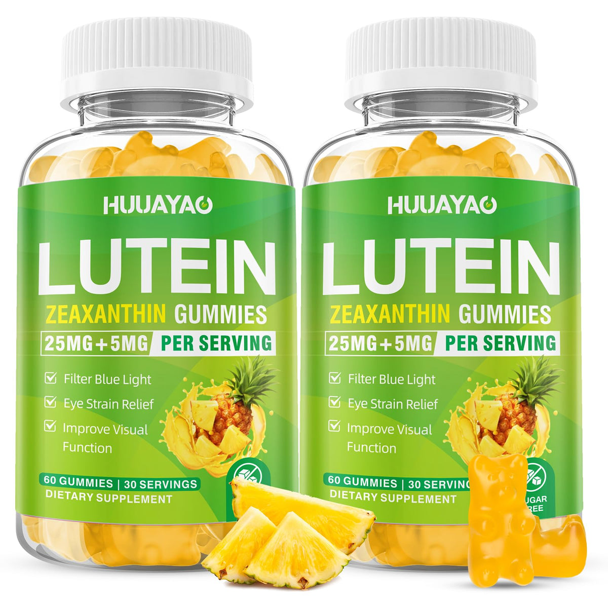 HUUAYAO Lutein Gummies bottle with pineapple flavor for daily eye support.