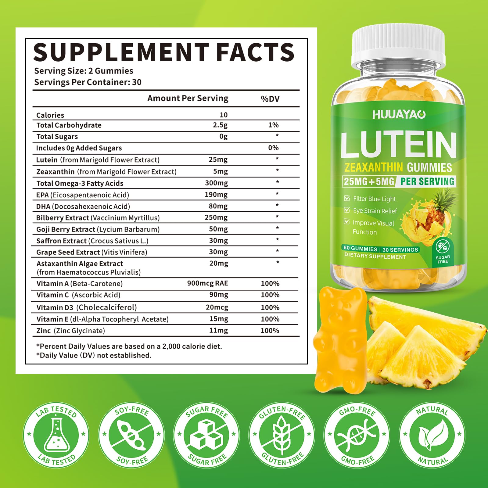 HUUAYAO Lutein Gummies vision support ingredients highlighted on label.