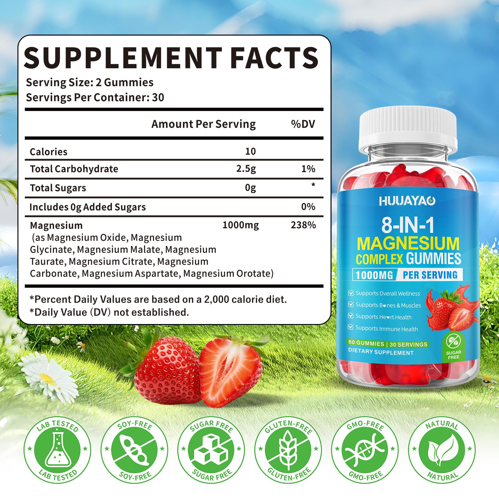 HUUAYAO Magnesium Complex Gummies close-up showing strawberry flavor for easy daily use