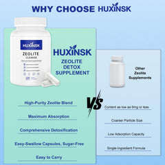 HUXINSK Zeolite Detox ingredients graphic highlighting NAC, glutathione, milk thistle