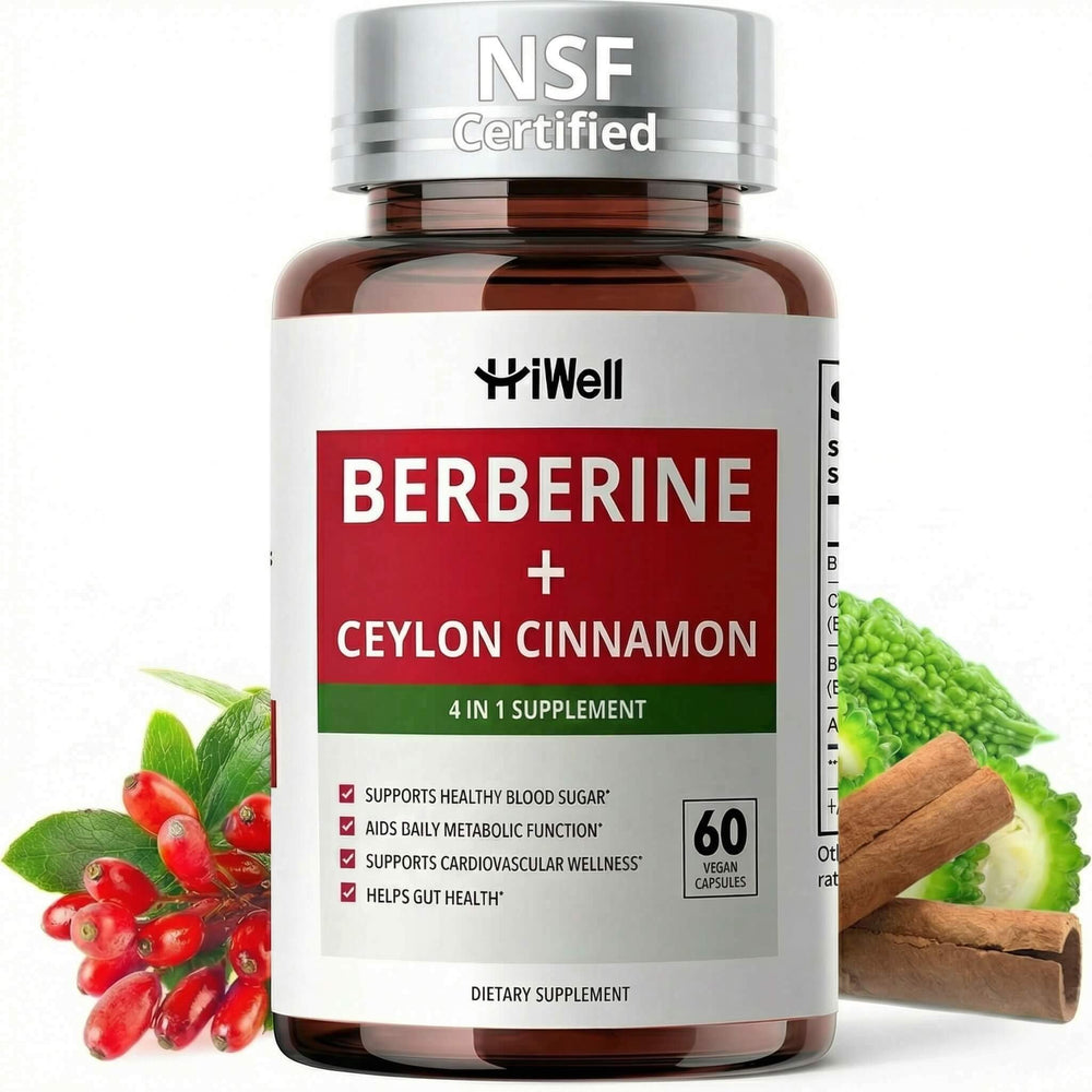 HiWell Berberine Cinnamon bottle front highlighting 4-in-1 metabolic support.