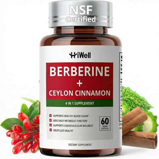 HiWell Berberine Cinnamon bottle front highlighting 4-in-1 metabolic support.