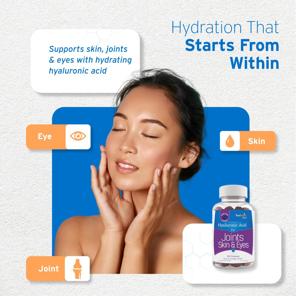 Hyalogic Hyaluronic Acid Gummies bottle close-up showing mixed berry flavor.
