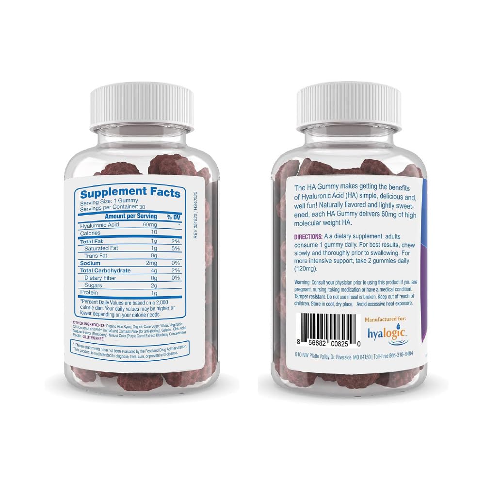 Hyalogic Hyaluronic Acid Gummies gluten-free label and packaging details.