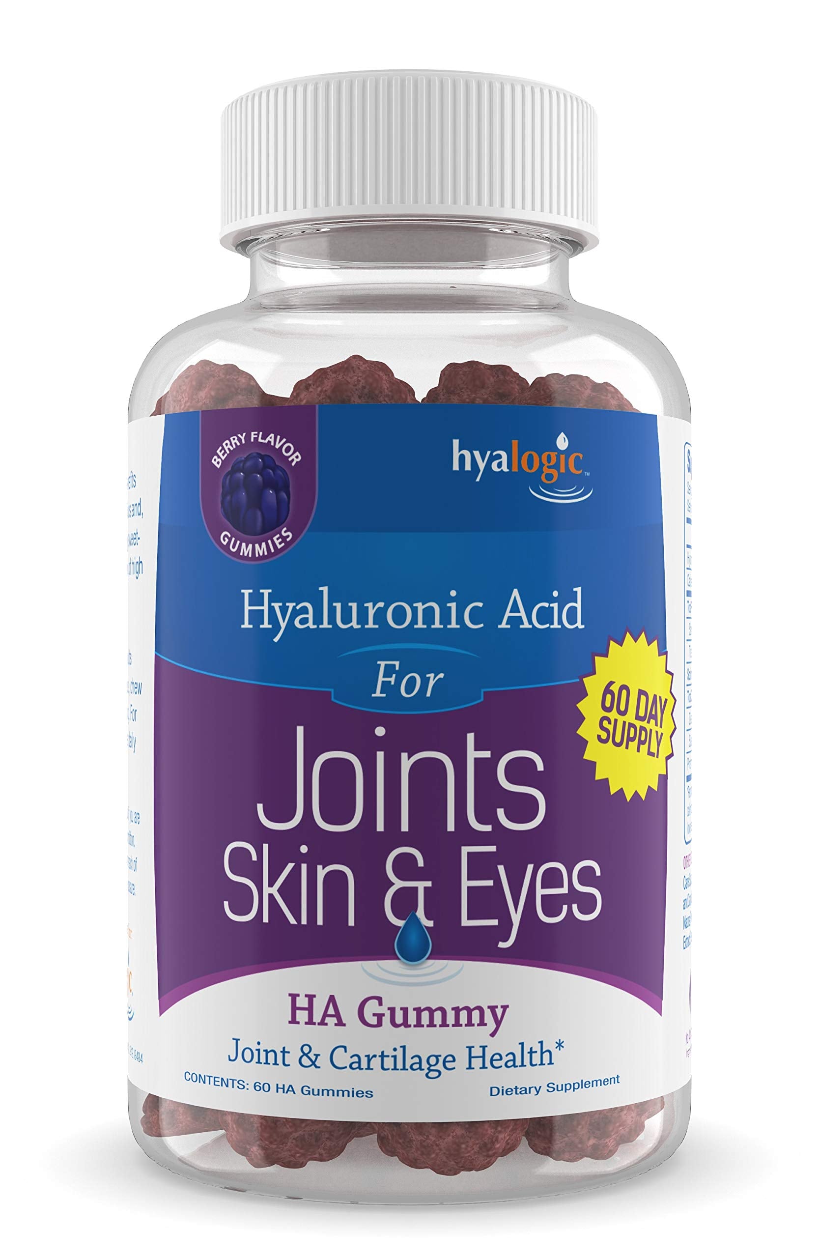 Hyalogic Hyaluronic Acid Gummies pack shot with joint, skin, and eye benefits.