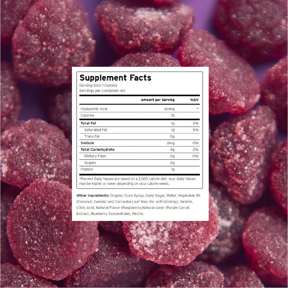 Hyalogic Hyaluronic Acid Gummies on bright bathroom shelf.