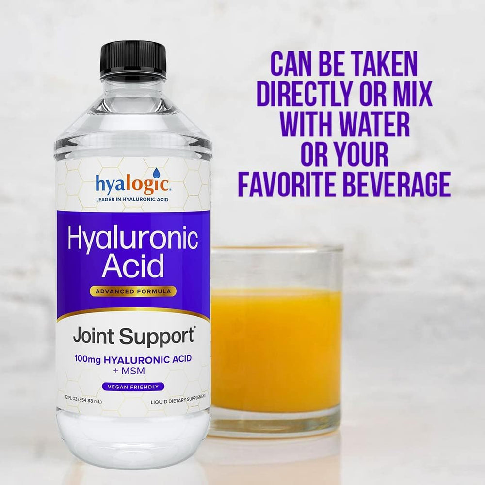 Hyalogic Hyaluronic Acid Liquid on a kitchen counter ready for daily use.