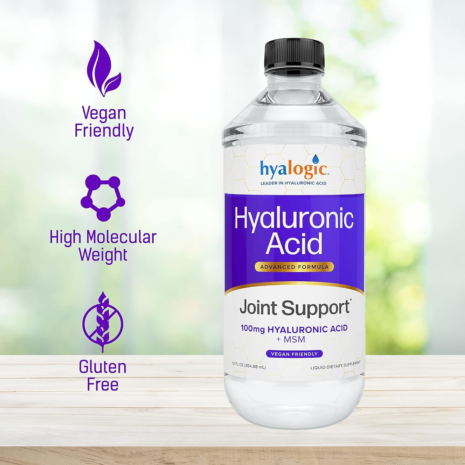 Hyalogic Hyaluronic Acid Liquid in a glass with water to illustrate hydration.