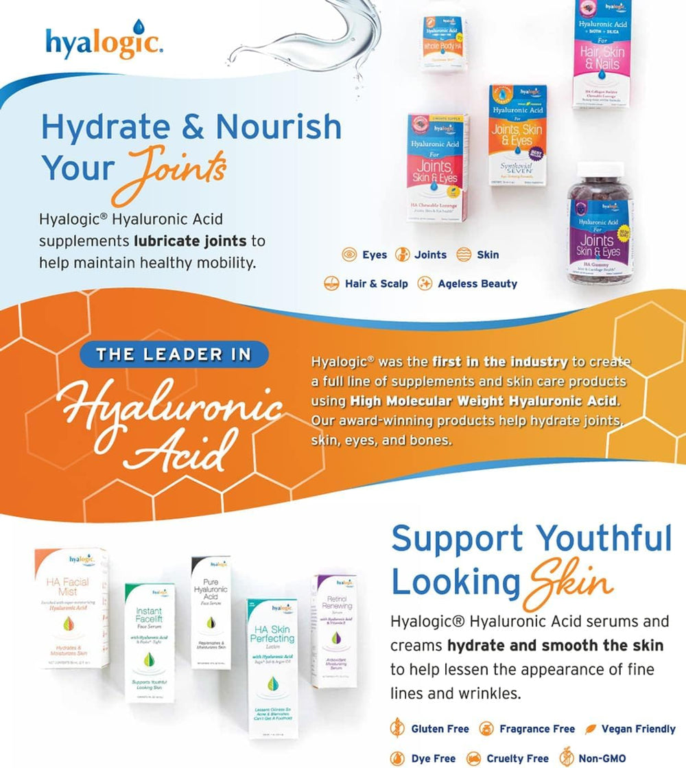 Hyalogic Hyaluronic Acid Liquid bottle highlighting vegan formula and quality.