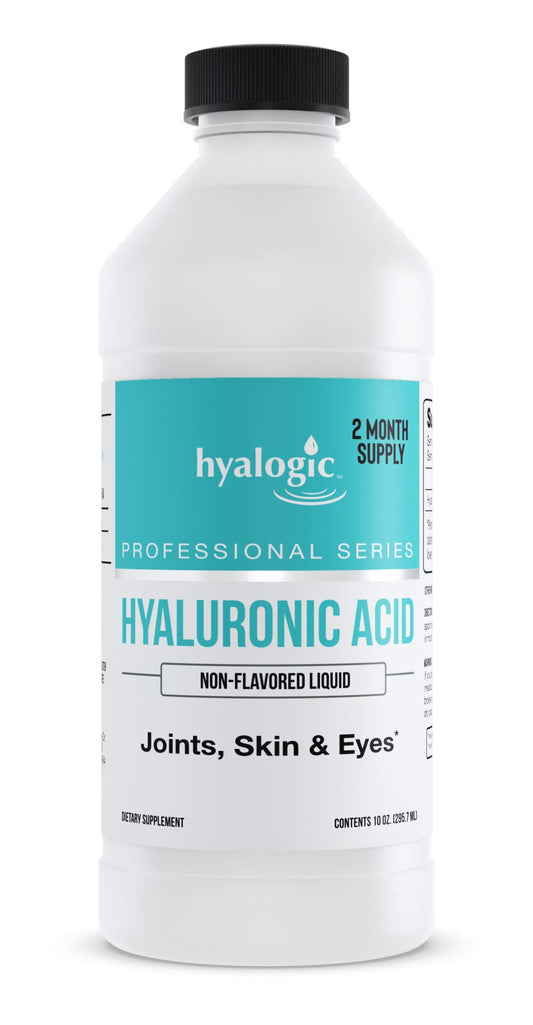 Hyalogic Professionals Series HA bottle shown for daily skin and joint hydration.