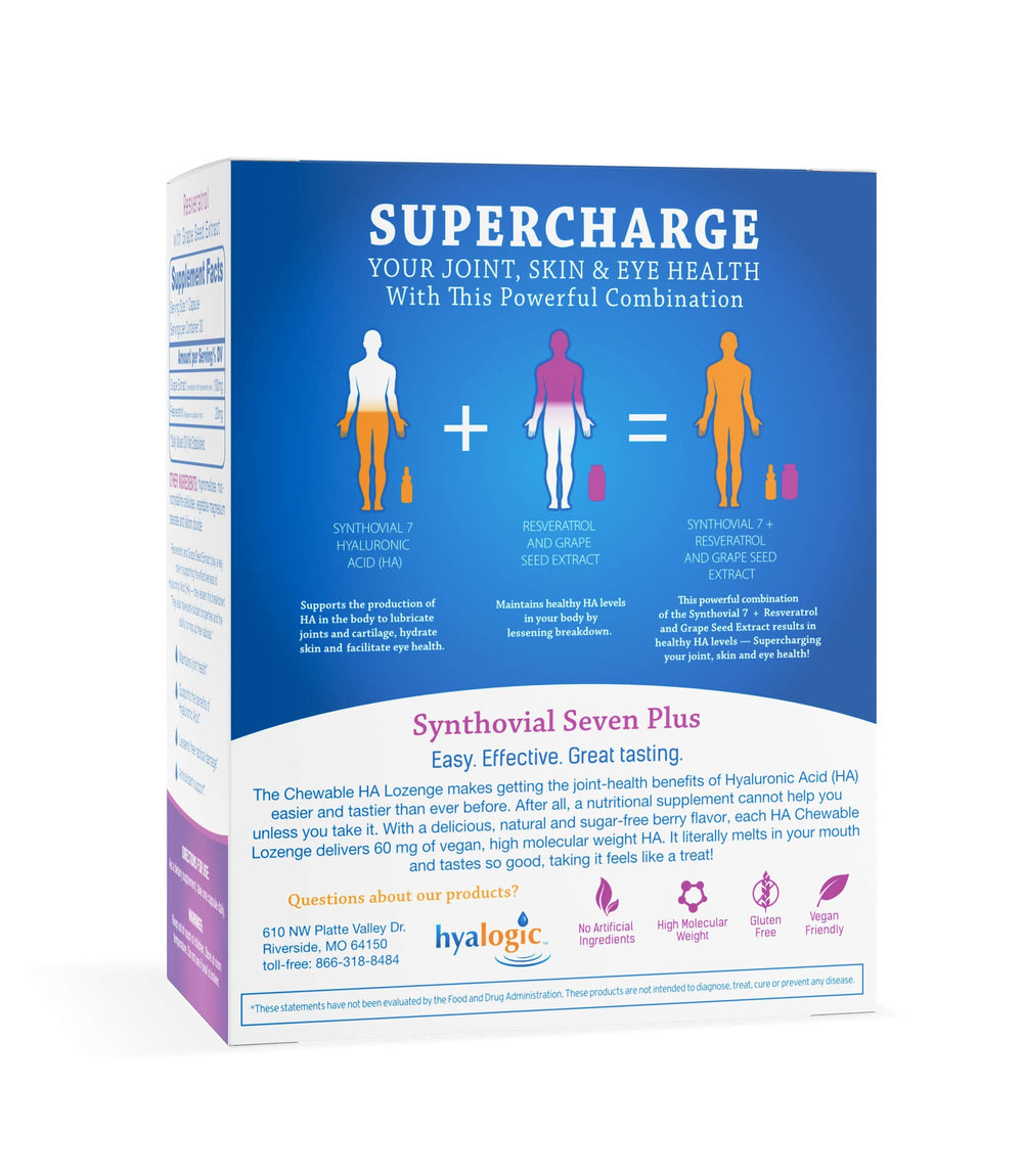 Synthovial Seven capsules in a clear bottle signaling vegan HA support.